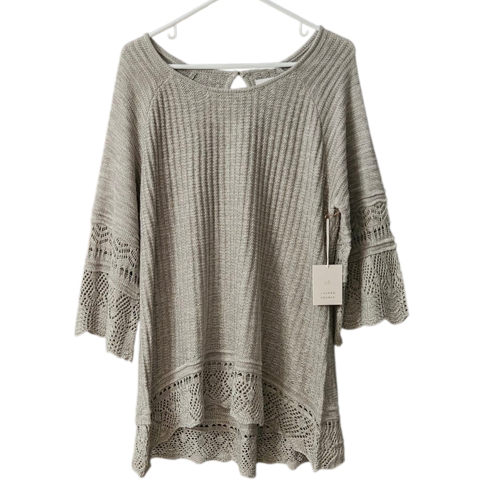 Lauren Conrad Pointelle Tunic Sweater NEW Women's XL Gray Marl Crochet Lace